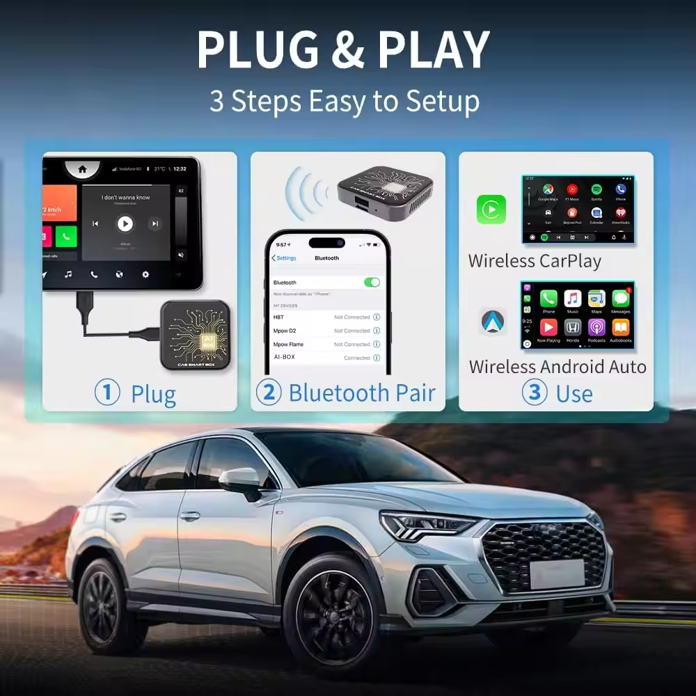 Kowankit Wireless Carplay Android Auto AI Box, Plug & Play Fits Cars,3in1 QCM6115 4 + 64 GB Android 13 Car Accessories Interior Adapter, USB-Powered, 