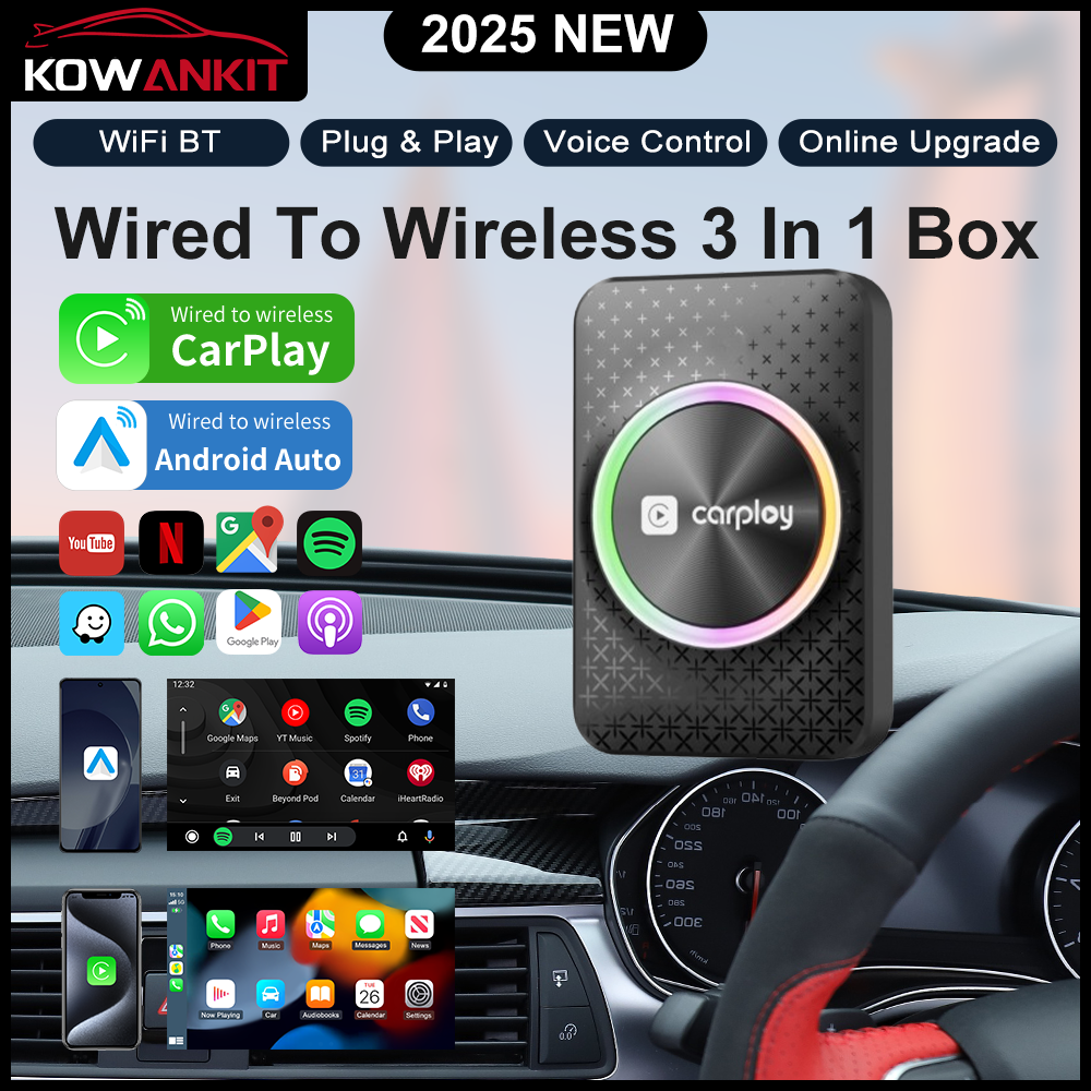Kowankit Wireless Carplay Android Auto AI Box, Plug & Play Fits Cars,3in1 RK3528 Chip 4 + 32 GB Android 12 Car Play Adapter, USB-Powered, No Delay, Su