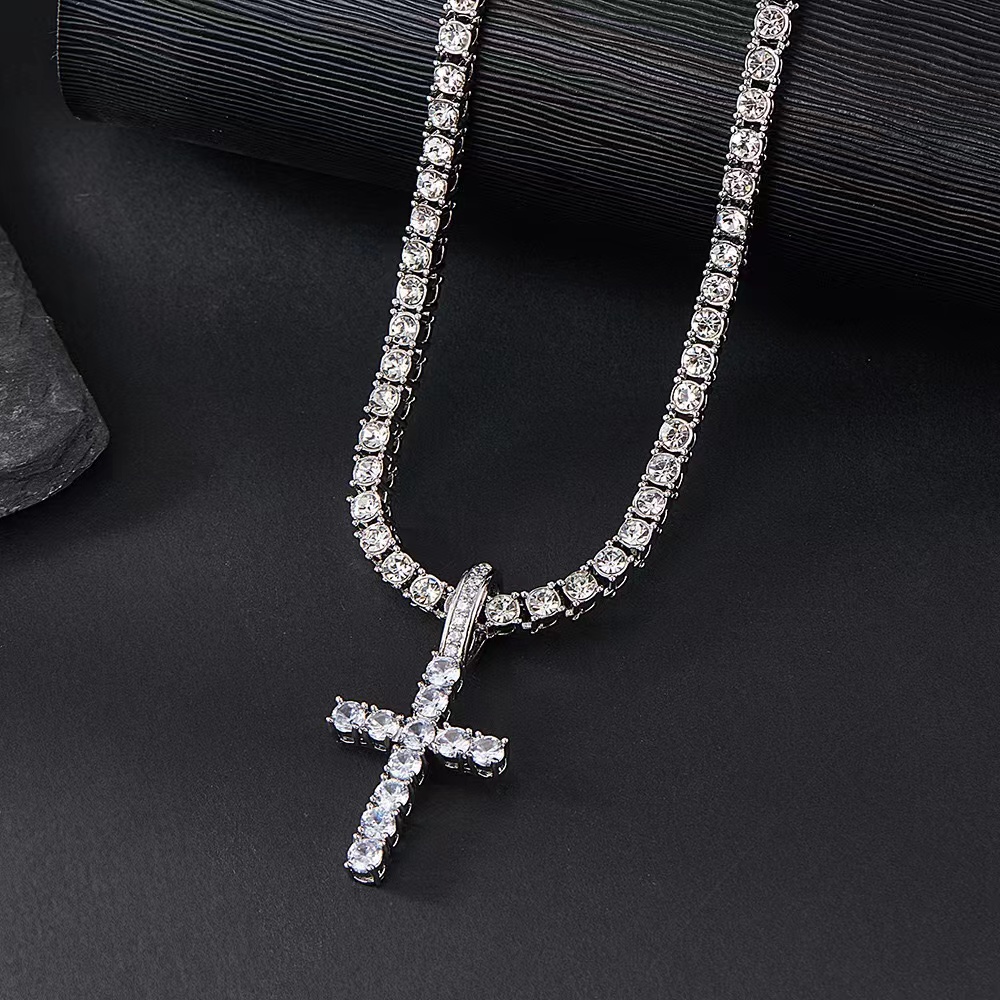 New Arrival Hot Sell Iced Out 5MM Width 925 Sterling Silver VVS Moissanite Rosary Cross Tennis Chain Necklace