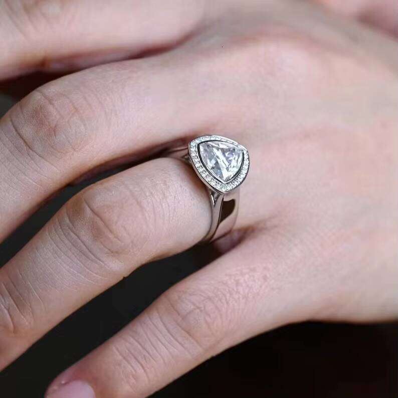 2pc Trillion Cut Moissanite Solitaire Engagement & Wedding White Gold Bezel Set Women's Promise Ring