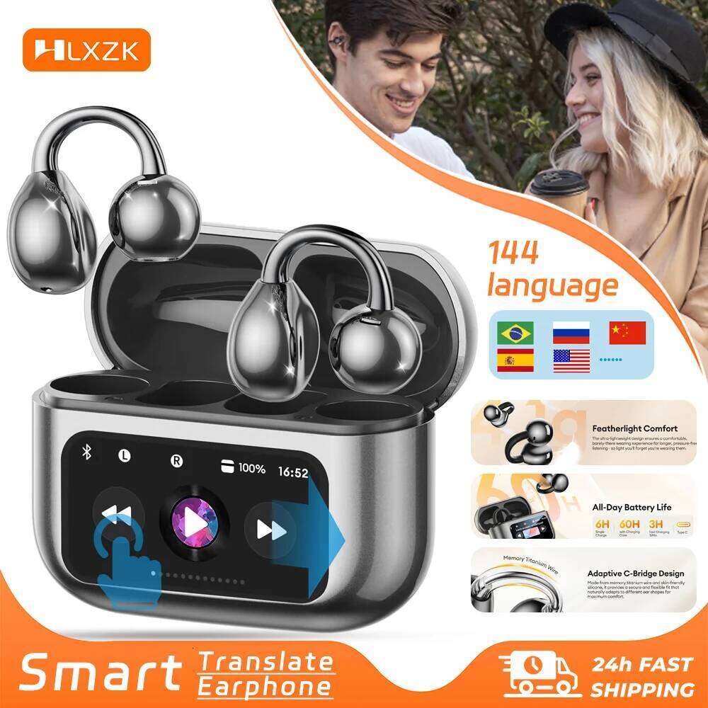 Wireless Ear Clip Earphones With Touch Screen 144 Languages AI Real Time Translation Headphones Smart Bluetooth Earbuds Device
