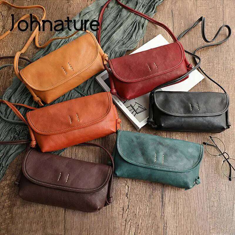 Johnature Handmade Retro Soft Cow Leather Women 2025 New Simple Solid Color Shoulder Bags Leisure Ladies Small Messenger Bag