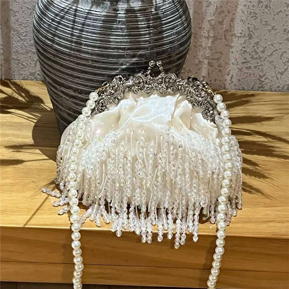 Beaded Tassel Gold Lady Pearl Chain Satin Small Bag Purses And Handbags Designer Evening Bags