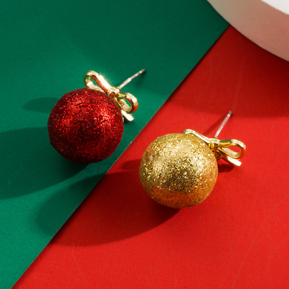 European American Christmas themed Glittering Ball Stud Earrings Hollow out Asymmetric Bow shaped Drop Earrings Stylish Alloy Earrings with Silver Nee