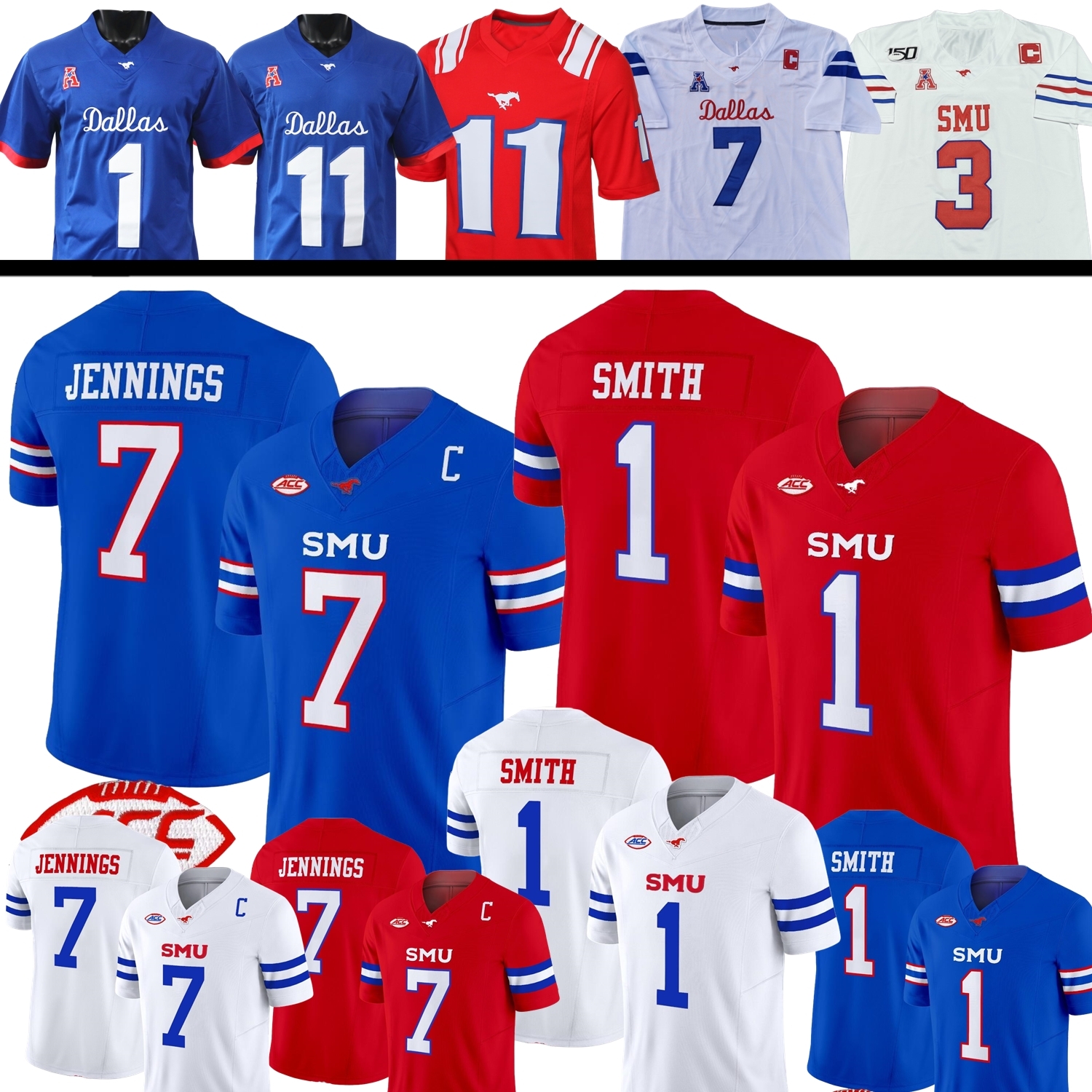 SMU Mustangs Football Jersey College Kevin Jennings Tyler Van Dyke T.J. Harden Hudson RJ Maryland Dylan Goffney Harmon Hibner Brinson Minors Jefferson Medlock