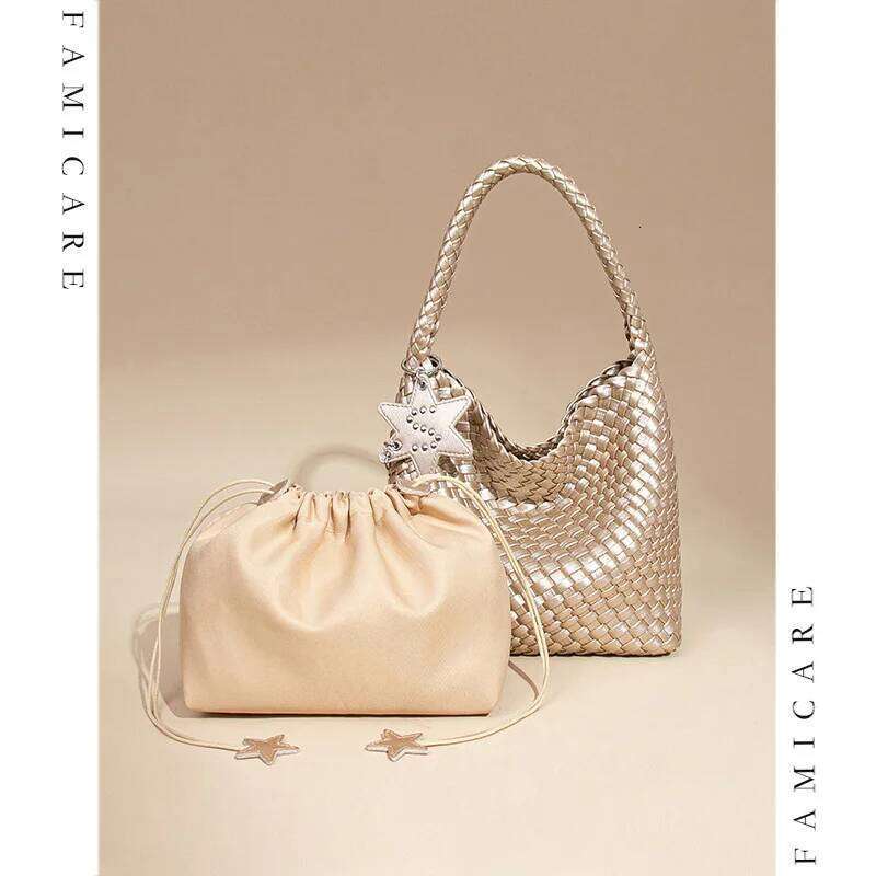 Trendy Hand-Woven For Women Stylish Tote With Detachable Pouch Lady Fashion Underarm Shoulder Bag PU Vegan Leather Handbag