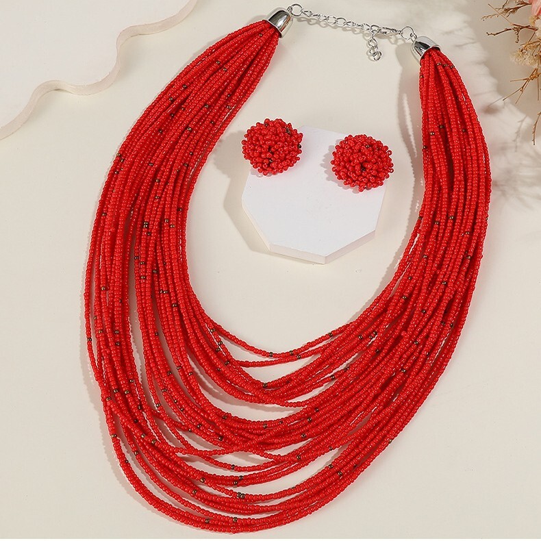 Luxury Brand Designer Jewelry Bohemian Multi-Layer Rice Bead Necklace And Earrings Set Vintage Ethnic Style Chain Women's Multi-Layer Jewelry