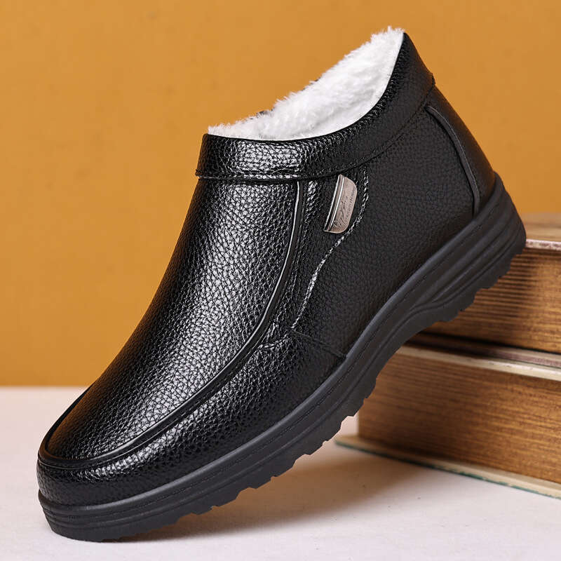 2025 Winter New Men's Velvet Warm Leather Shoes Thick Bottom Snow Boots Men's Zipper High Top Middle Aged Cotton Shoes