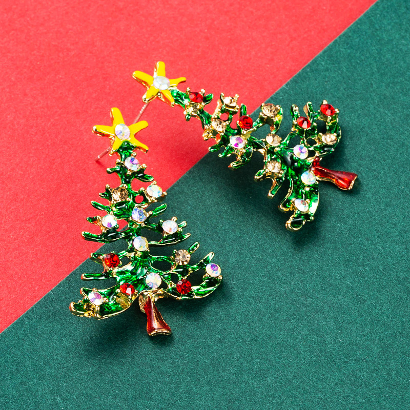 Christmas Collection Stylish Simple Versatile Alloy Enamel filled and Diamond inlaid Christmas Tree Earrings for Women