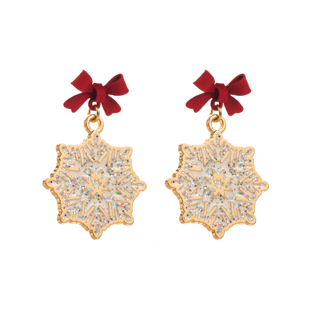 New Christmas themed Earrings Alloy S925 Silver Needle Bow shaped Earrings with Enamel filled and Diamond inlaid Snowflake Droplets Best selling