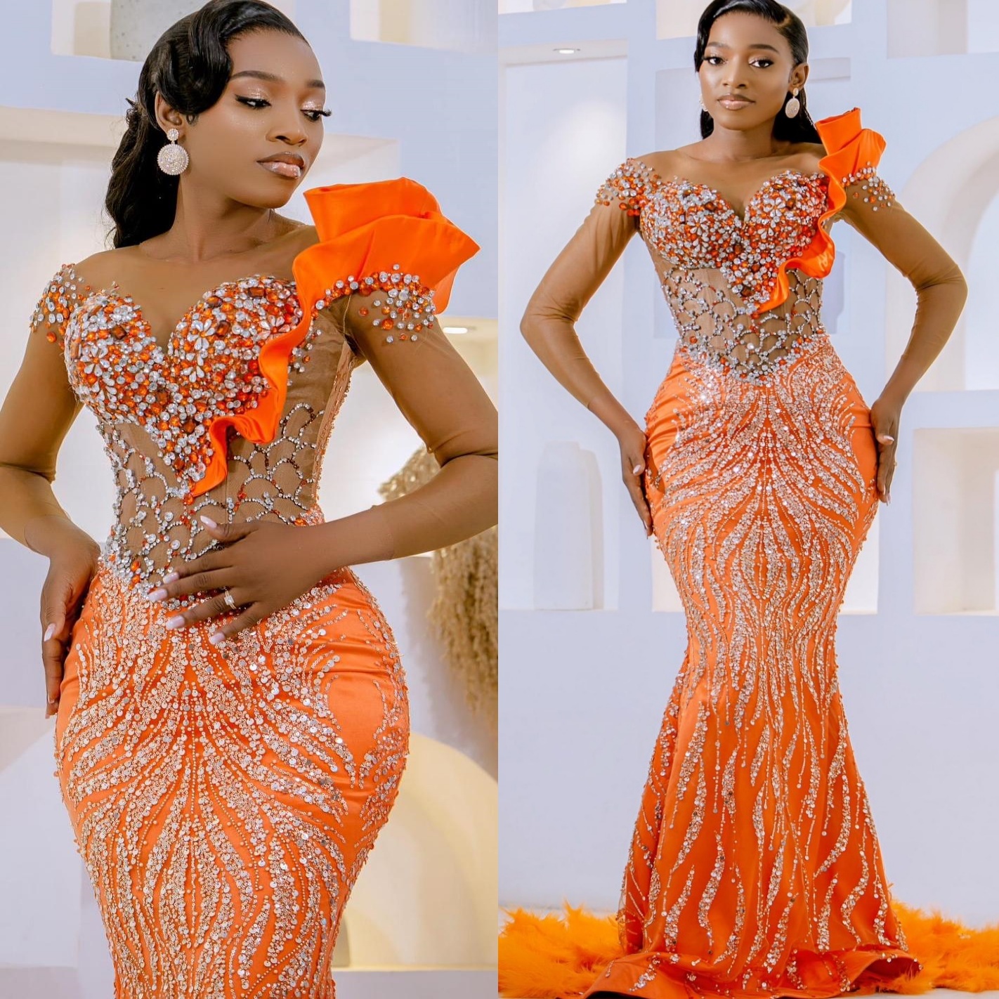 Orange Mermaid Prom Dresses 2025 Feather Crystals Sequined Sparkly Evening Formal Party Second Birthday Engagement Gowns Plus Size Dress For Special O