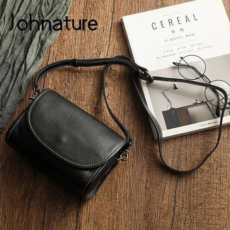 Johnature Genuine Leather Retro Small Bag Women 2025 New Soft Real Cowhide Simple Solid Color Shoulder & Crossbody Bags