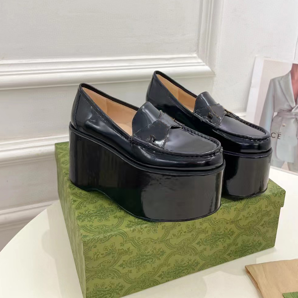 Ultra high heels thick soled loafers Women 10CM wedge heel leather stone pattern luxury designer shoes with metal buckle casual platform shoes