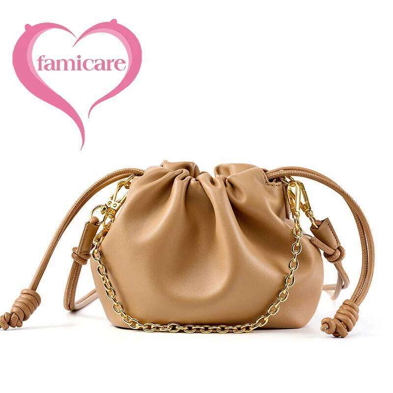 New Trend Women's Handbag Leather Shoulder Messenger Girl Daily Mini Chain Bag With Drawstring For Ladies Bucket Crossbody Pack