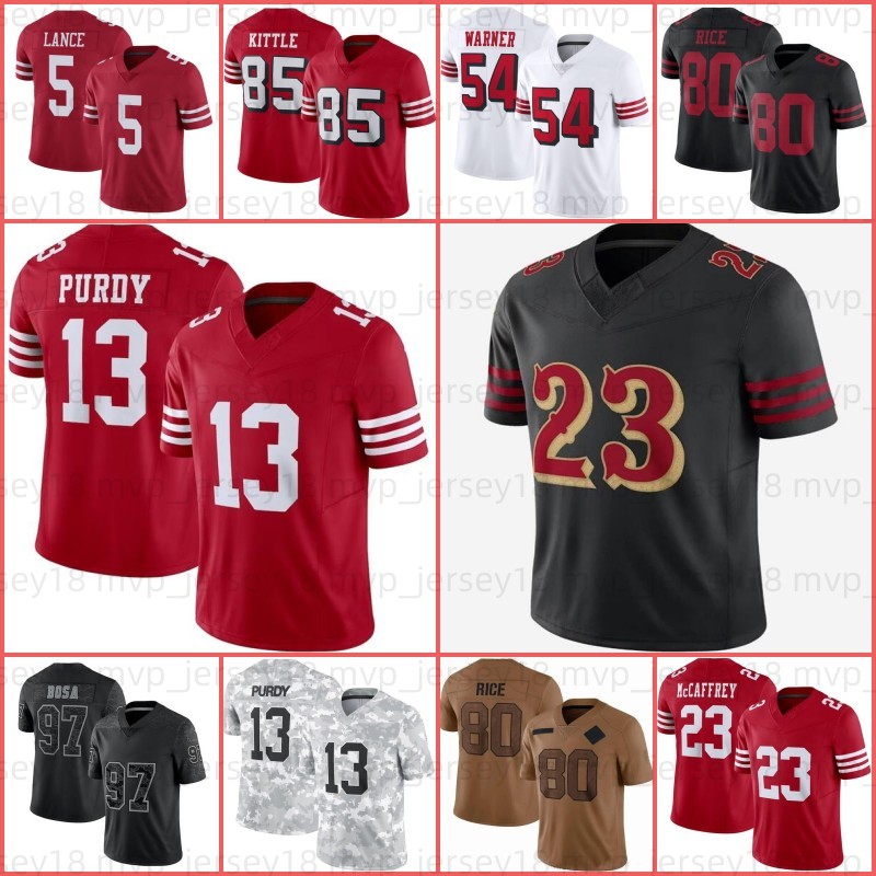 23 Christian McCaffrey Purdy Football Jersey Nick Bosa George Kittle Fred Warner Jerry Rice Ricky Pearsall Jauan Jennings Brandon Aiyuk Kyle Juszczyk Montana