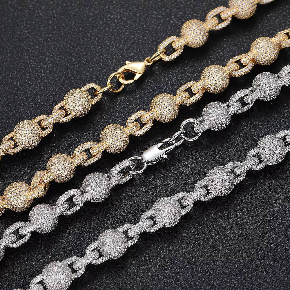 Womens Fashion 8mm Iced Out Diamond Bead Chain Necklace Hip Hop Style Personalized Silver Plated Zircon Chain Jewelry Gift