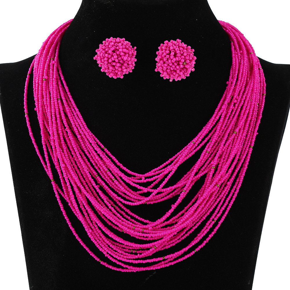 Luxury Brand Designer Jewelry Bohemian Multi-Layer Rice Bead Necklace And Earrings Set Vintage Ethnic Style Chain Women's Multi-Layer Jewelry