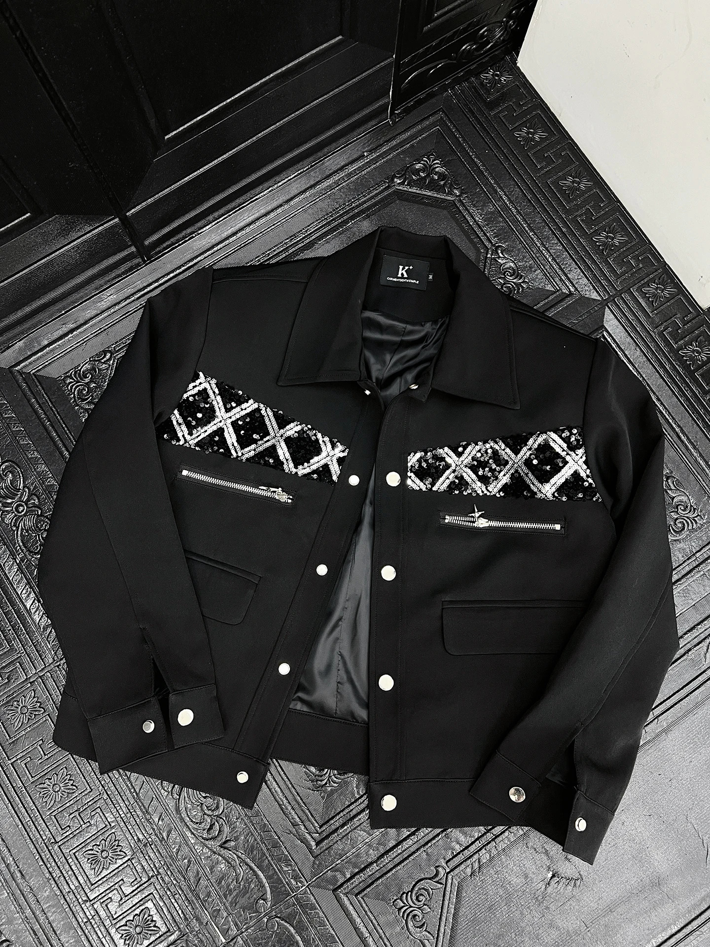 Male Autumn Handsome Niche Sequined 2pcs Splicing Loose Shoulder Pads Fashion Twopiece Sets Highend Trendy Jacket Set 250829