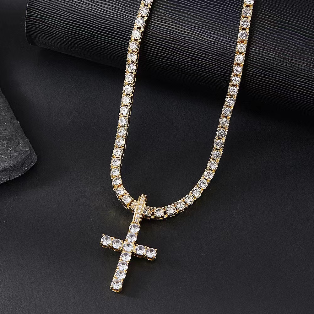 New Arrival Hot Sell Iced Out 5MM Width 925 Sterling Silver VVS Moissanite Rosary Cross Tennis Chain Necklace