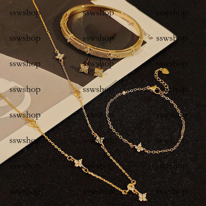 Niche Collarbone Chain Ring Earrings Four-Leaf Flower Jewelry Ins Style Zirconia Set Necklace Bracelet
