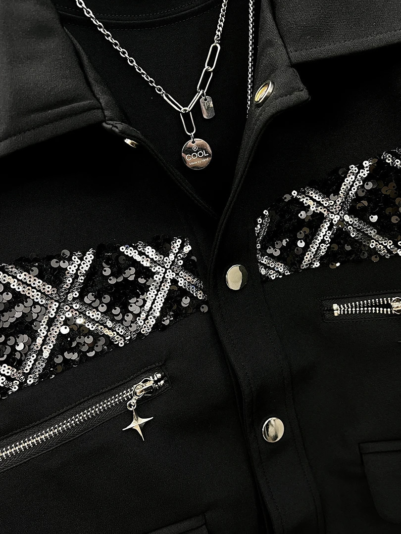 Male Autumn Handsome Niche Sequined 2pcs Splicing Loose Shoulder Pads Fashion Twopiece Sets Highend Trendy Jacket Set 250829