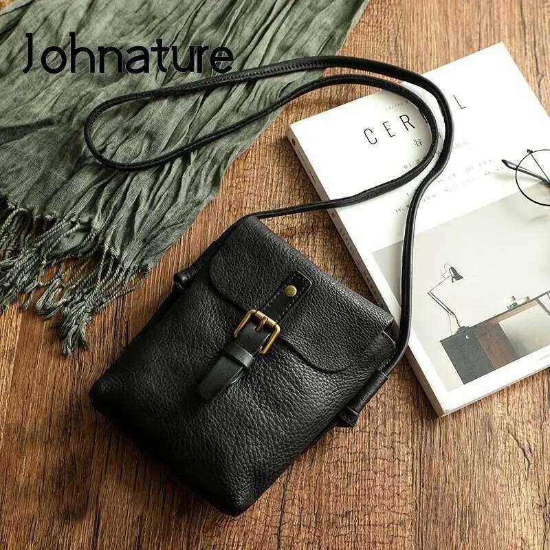 Johnature 2025 New Simple Genuine Leather Women Retro Solid Color Natural Cowhide Mini Phone Bag Leisure Small Shoulder Bags
