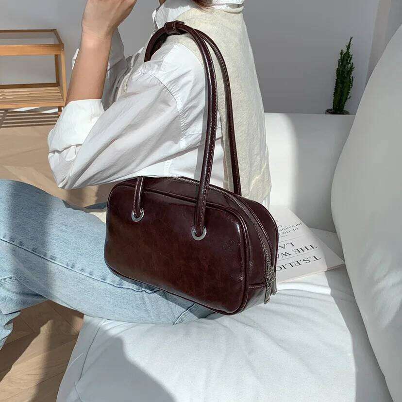Vintage Bowling Underarm Designer Lady Handbags Oil Wax Skin Pu Leather Women Shoulder Bags Trend 2025 Commuter Bag