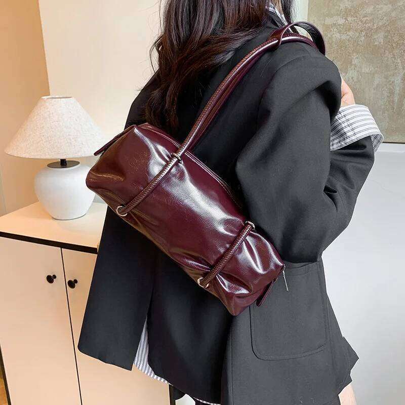 Brand Designer Oil PU Leather Women's Shoulder Retro Crossbody Bag Large Pillow Bowling Handbag