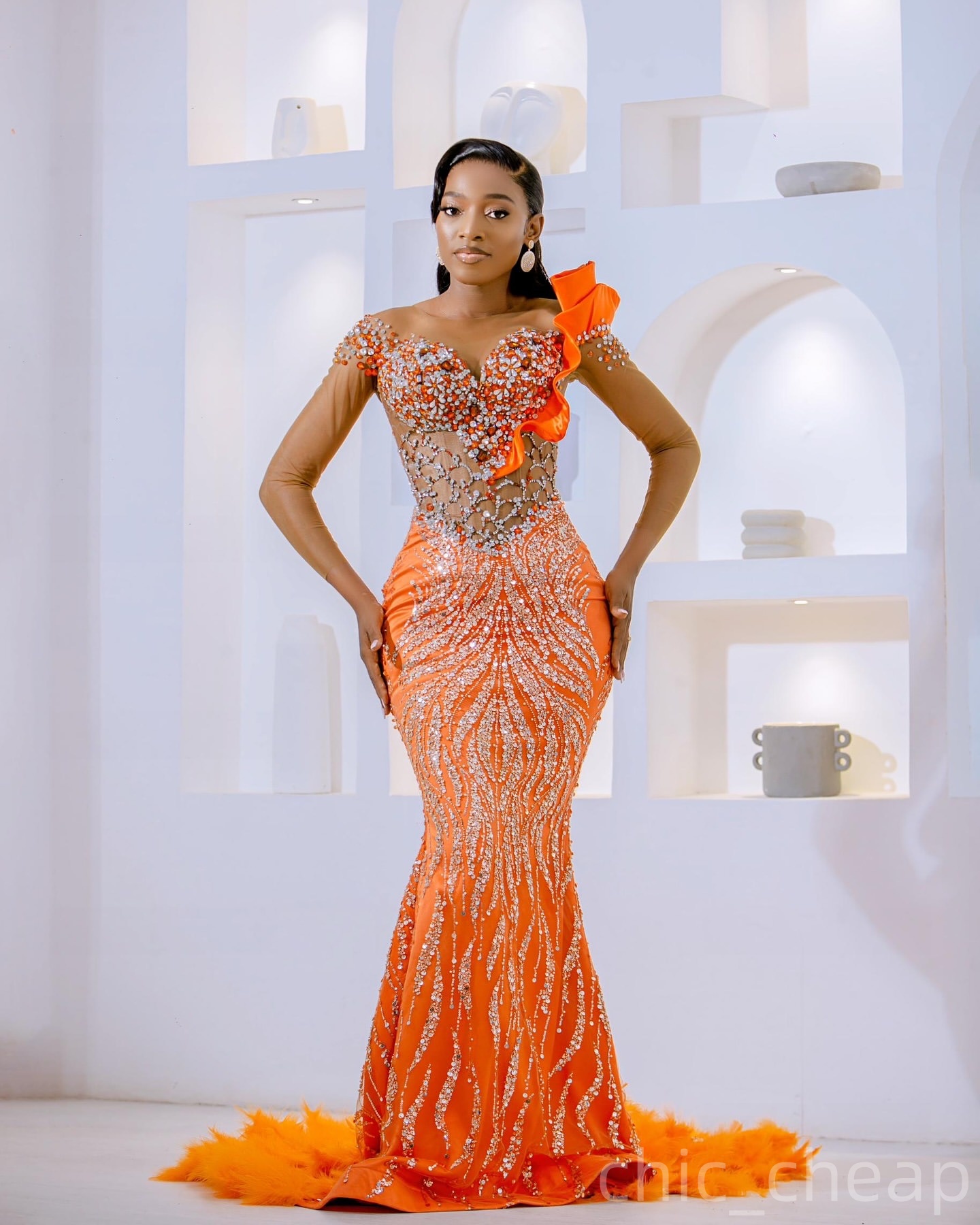 Orange Mermaid Prom Dresses 2025 Feather Crystals Sequined Sparkly Evening Formal Party Second Birthday Engagement Gowns Plus Size Dress For Special O