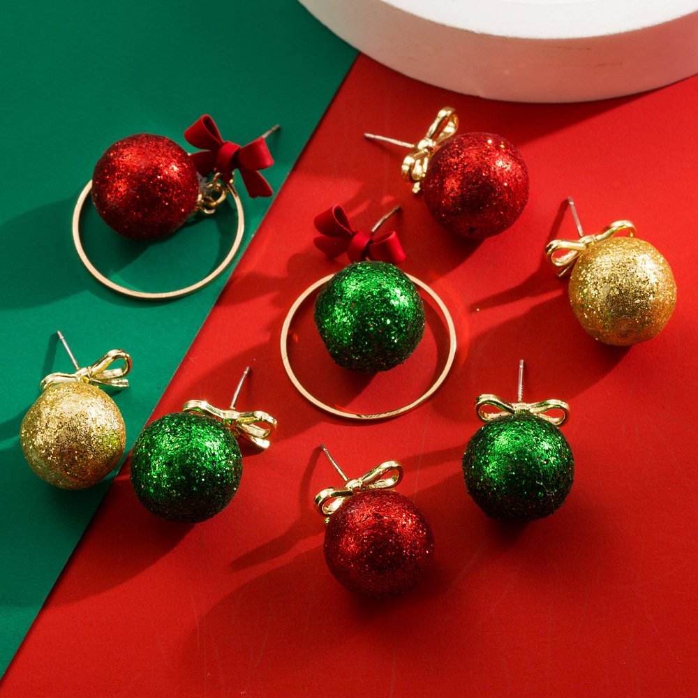 European American Christmas themed Glittering Ball Stud Earrings Hollow out Asymmetric Bow shaped Drop Earrings Stylish Alloy Earrings with Silver Nee