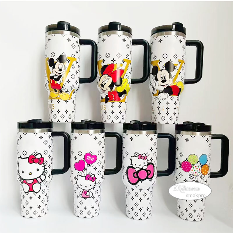 Tariff Free - 40oz Luxury Cartoon Image Designer Tumbler 40 oz 304 SS Travel Water Cup With Hanlde Lid and Straw
