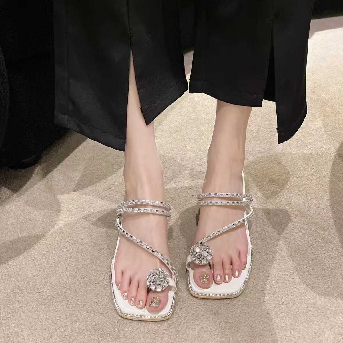 Women's platform sandals 2025 summer new style open-toe stiletto heel water droplet embellished square toe transparent thick heel outerwear style