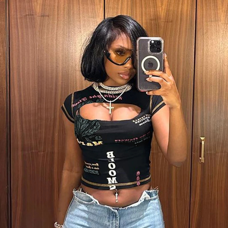 GraphicT Shirts Black Cut Out Short Sleeve Crop Tops Trashy Y2k 2000s Streetwear Trendy Clothes for Women YJ23656MH250222