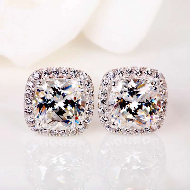 Female Crystal Zircon Stone Stud Earring Sier Color Yellow White Pink Earrings Vintage Wedding Jewelry For Women