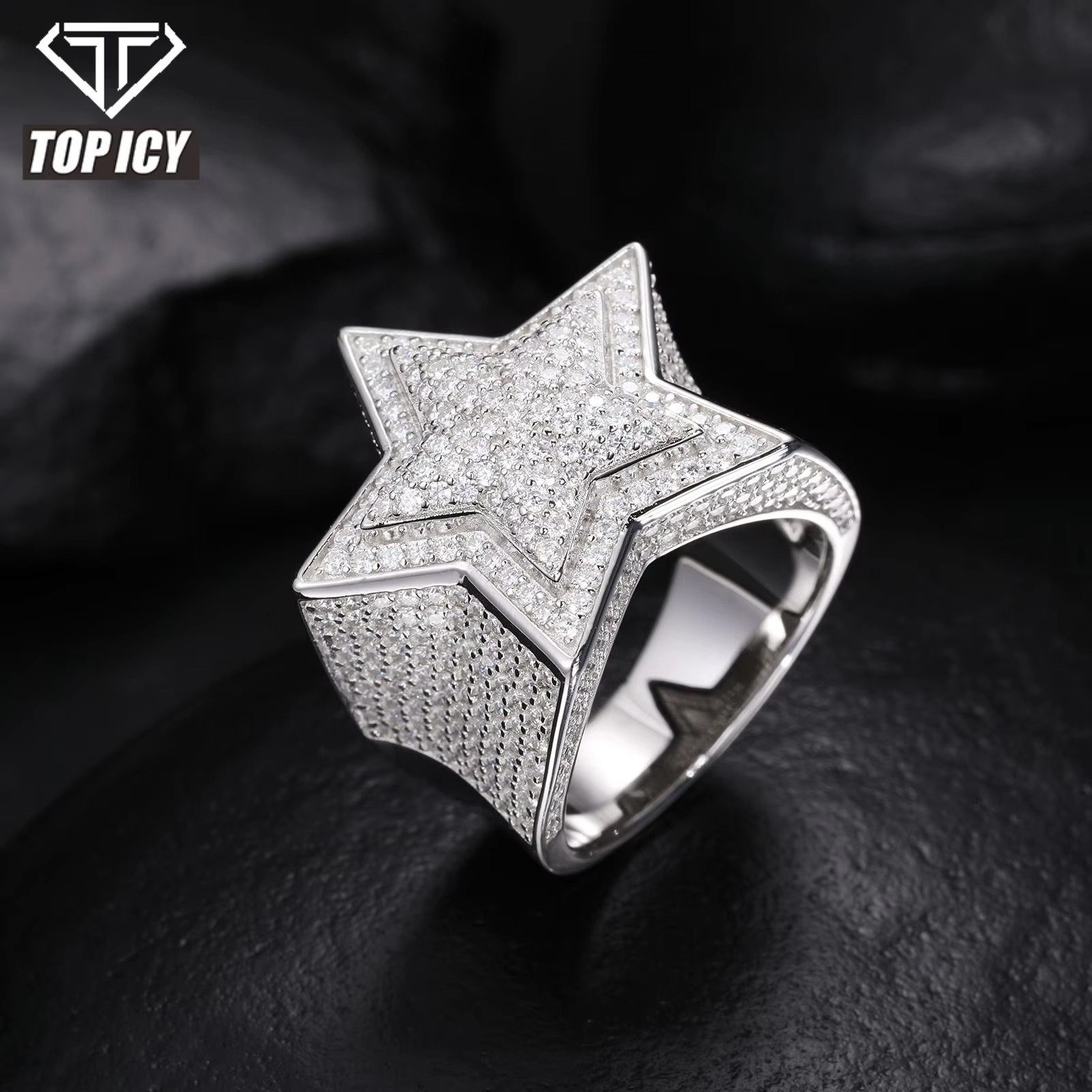 Hip Hop Fashion 3D Star VVS D Moissanite Ring Sparkling 925 Sterling Silver Ring Jewelry for Wedding Party Gift Engagement