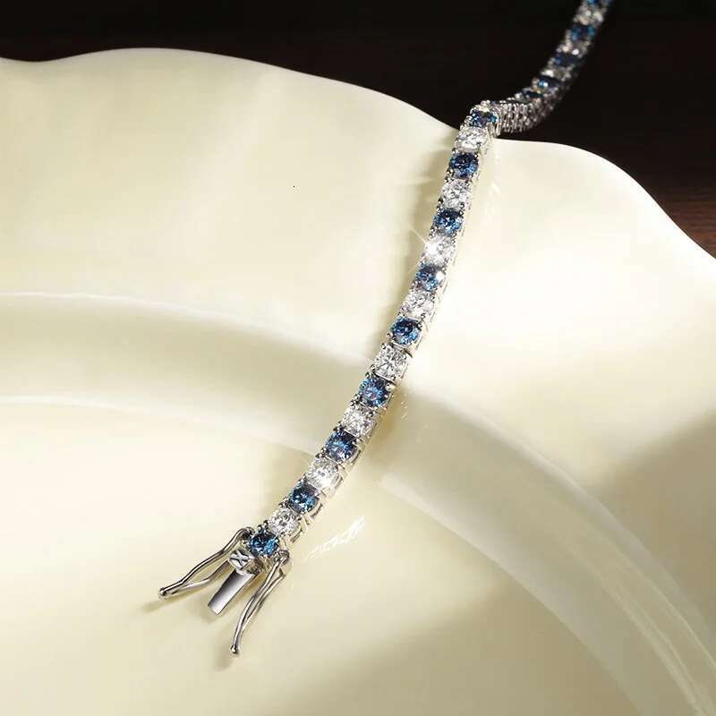 KNOBSPIN Blue Moissanite Tennis Bracelets for Women Man 3mm 4mm Lab Grow Dia with Certificate Sier Plated Bracelet