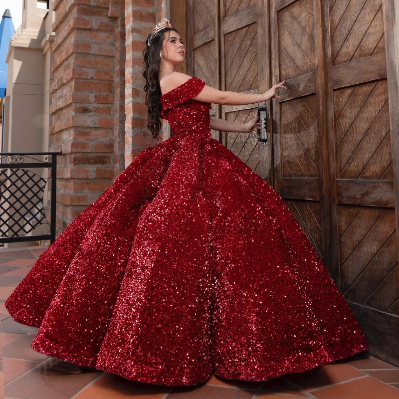 Red Quinceanera Dresses Ball Gown Off The Shoulder Sequined Party Birthday Sweet 16 Dress Vestidos 15 De Anos