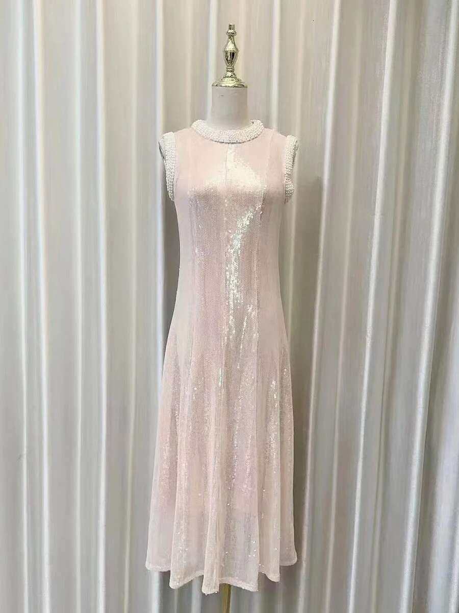 Spliced Beading Glitter Dress For Women Stand Collar Sleeveless High Waist Patchwork Sequins Slim Chic Midi Dresses Female