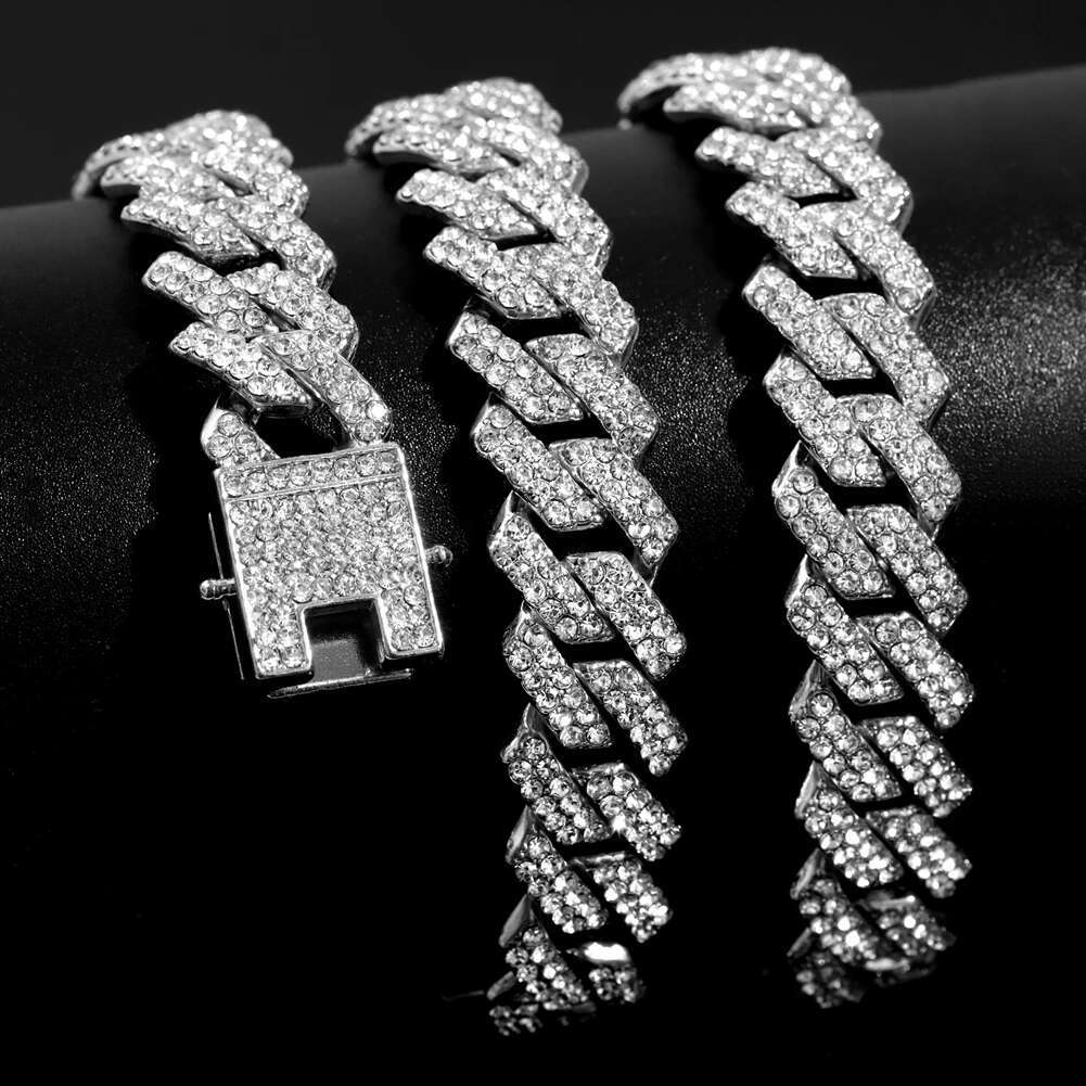 Hip Hop 14MM Prong k Necklace Men Women Iced Out Rhie Paved Rhombus Cuban Chain Necklaces Bracelet Jewelry