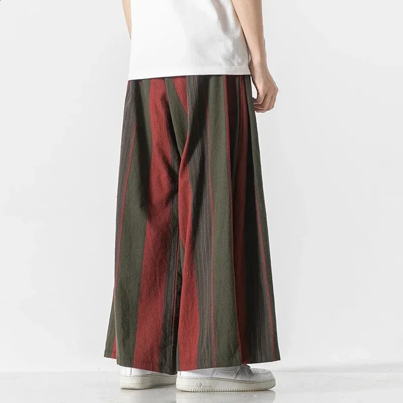 Pants Men Striped Wide Leg Cotton Linen Wide-Leg Pants Men Retro Chinese Style Male Casual s Nepal Robe Joggers Trousers 250228