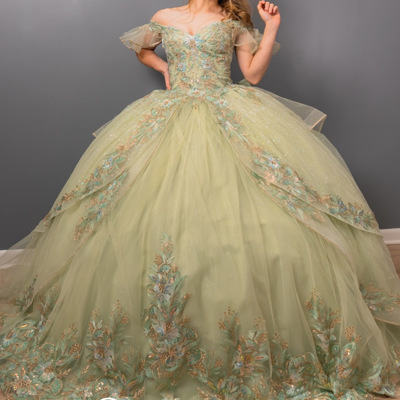 Sage Green Shiny Quinceanera Dresses Ball Gown Off The Shoulder Applique Lace Bow Beads Tull Party Birthday Sweet 16 Vestidos 15 De Anos