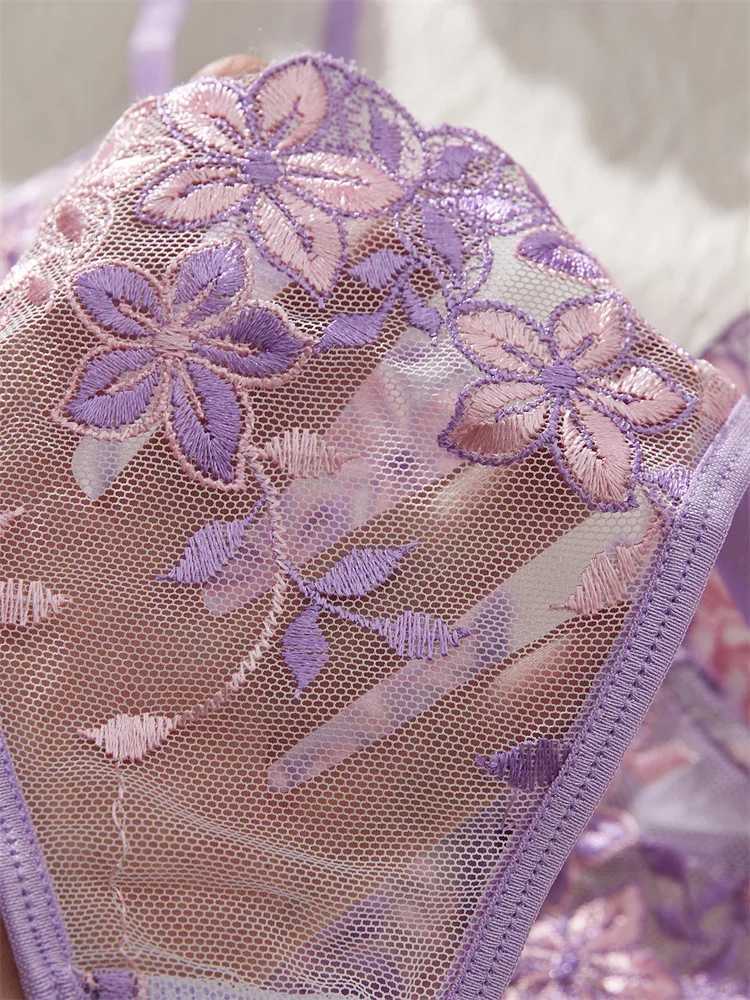 Womens Lingerie Ultra Sexy Romantic Purple Lingerie Set Deep V Push Up Bra Mesh Underwear Bi-color Embroidery Fancy UnderwearXJ250301