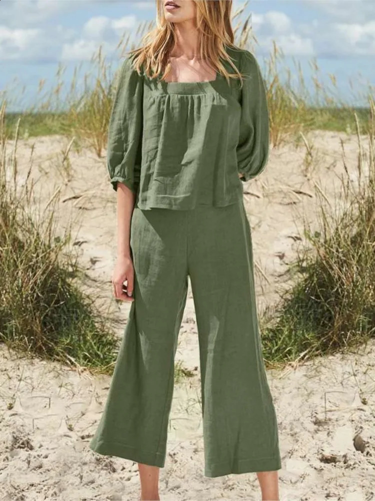 Vintage Cotton And Linen Pant Sets Clothes For Women Solid Color Square Collar Tops Waist Wide Legs Pants Two Piece Set Ladies 250225