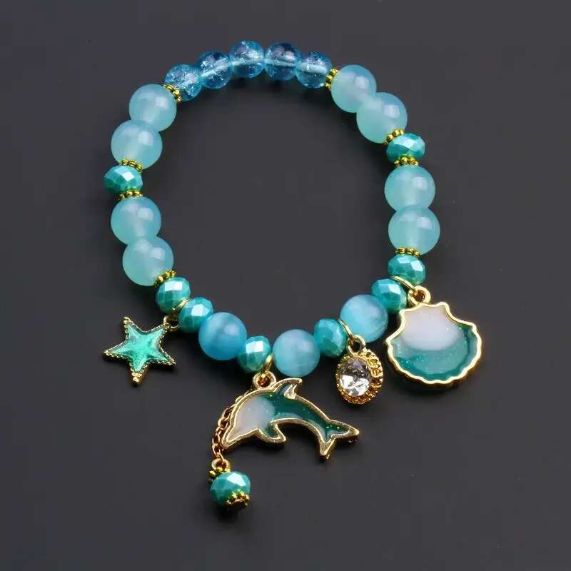 Metal Star Shell Dolphin Charm Pink Beaded Girls Sweet Summer Handmade Elastic Bracelet Ocean Blue Color Lovely Jewelry