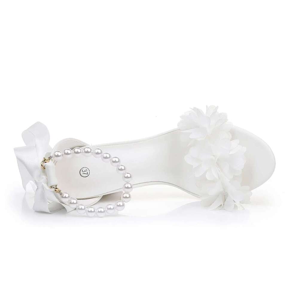 Women Crystal Queen White wer Beaded Dia High Heels Summer Shoes Peep Toe Buckle Strap Square Sandals