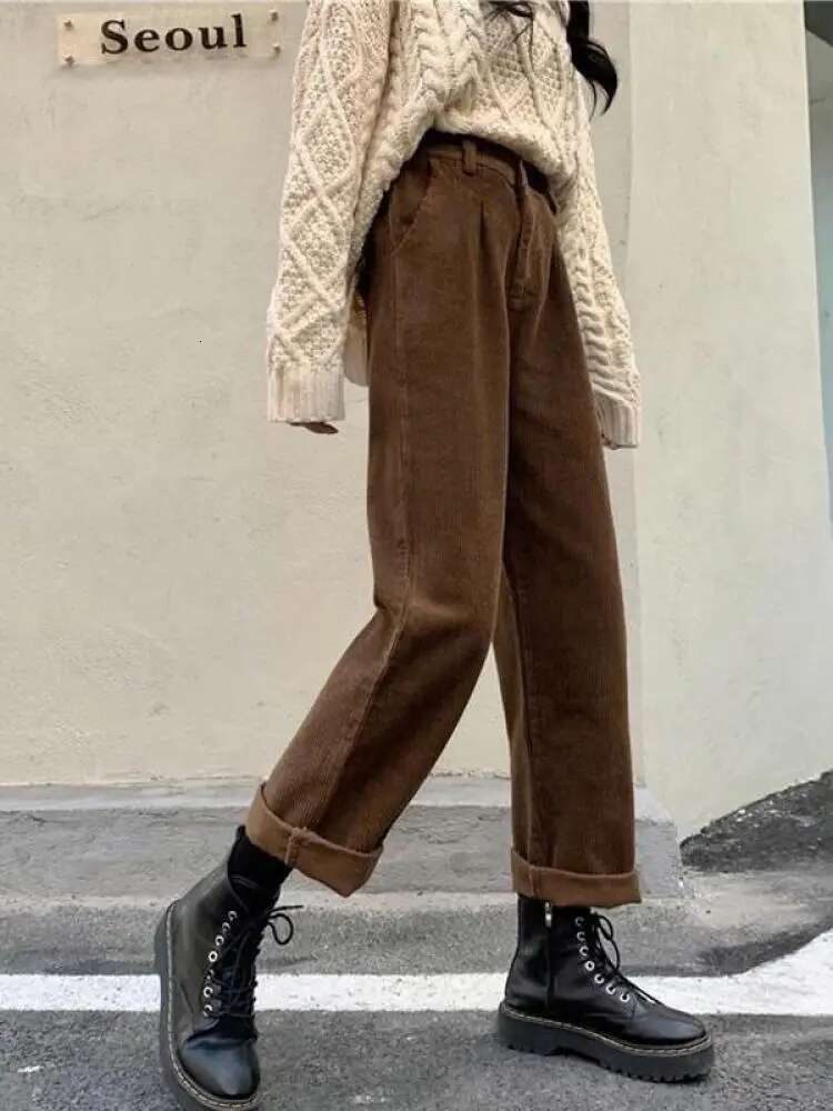 Vintage Corduroy High Waist Spring Straight Trousers Causal Pockets All Match Female Black Korean Pants