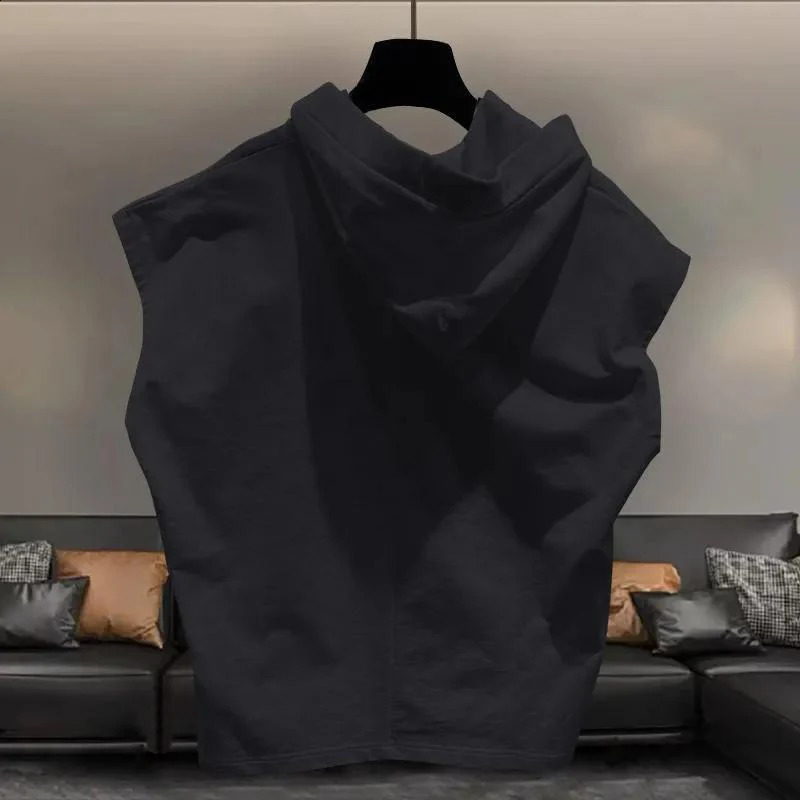 Summer Solid Men Drawstring Hooded Tank Top Fashion All-match Punk Casual 2xl Oversized Clothing Vest Tee Black White Street Gym 250225