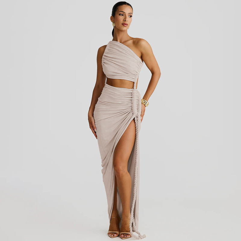 Women's Clothing 2025 Spring/Summer New Fashion Single Shoulder Strapless Backless Hollow Drawstring Pleated Dress
