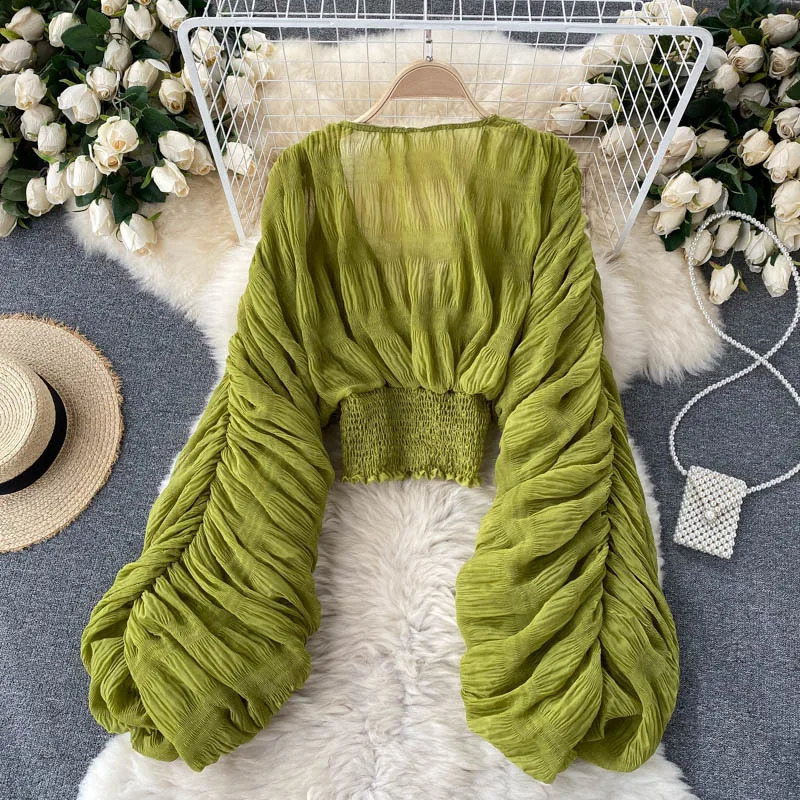 Womens Blouse Sexy Deep V Neck Tops Full Puff Sleeve Tight Waist Top Shirts Slim Fit Blouses Elegant Splice Pleated Shirt 250225