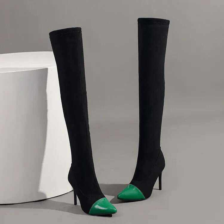 Sexy Stretch Fabric Patchwork Pointed Toe Thigh Slip On Stiletto High Heels Elastic Over The Knee Sock Boots Shoes